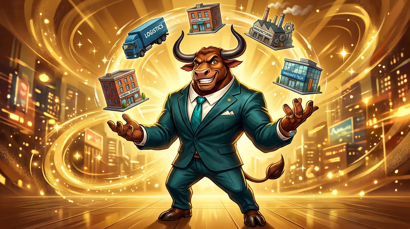 The Mighty Ox mascot juggling miniature buildings representing various businesses